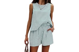 EXLURA Women's Summer 2 Piece Outfits Sleeveless Tank Top Matching Shorts Sets Cotton Striped Airport Beach Vacation 2026