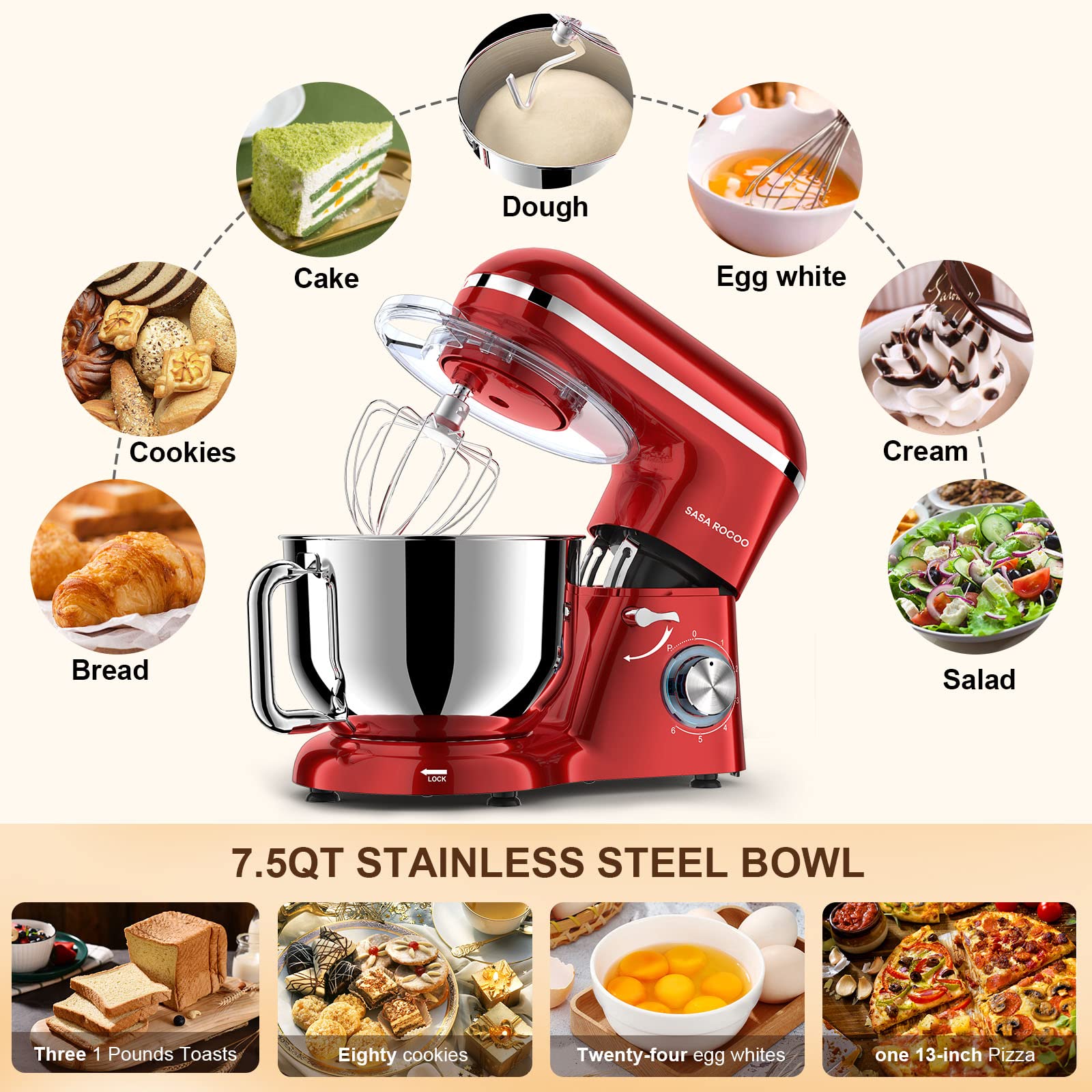 SASA ROCOO Stand Mixer 660W 6+P Speed Tilt-Head Electric Kitchen Mixer with 7.5 Qt Stainless Steel Bowl, Beater, Dough Hook, Whisk, Beater for Baking, Bagel, Cake, Pizza，Dishwasher Safe (red)