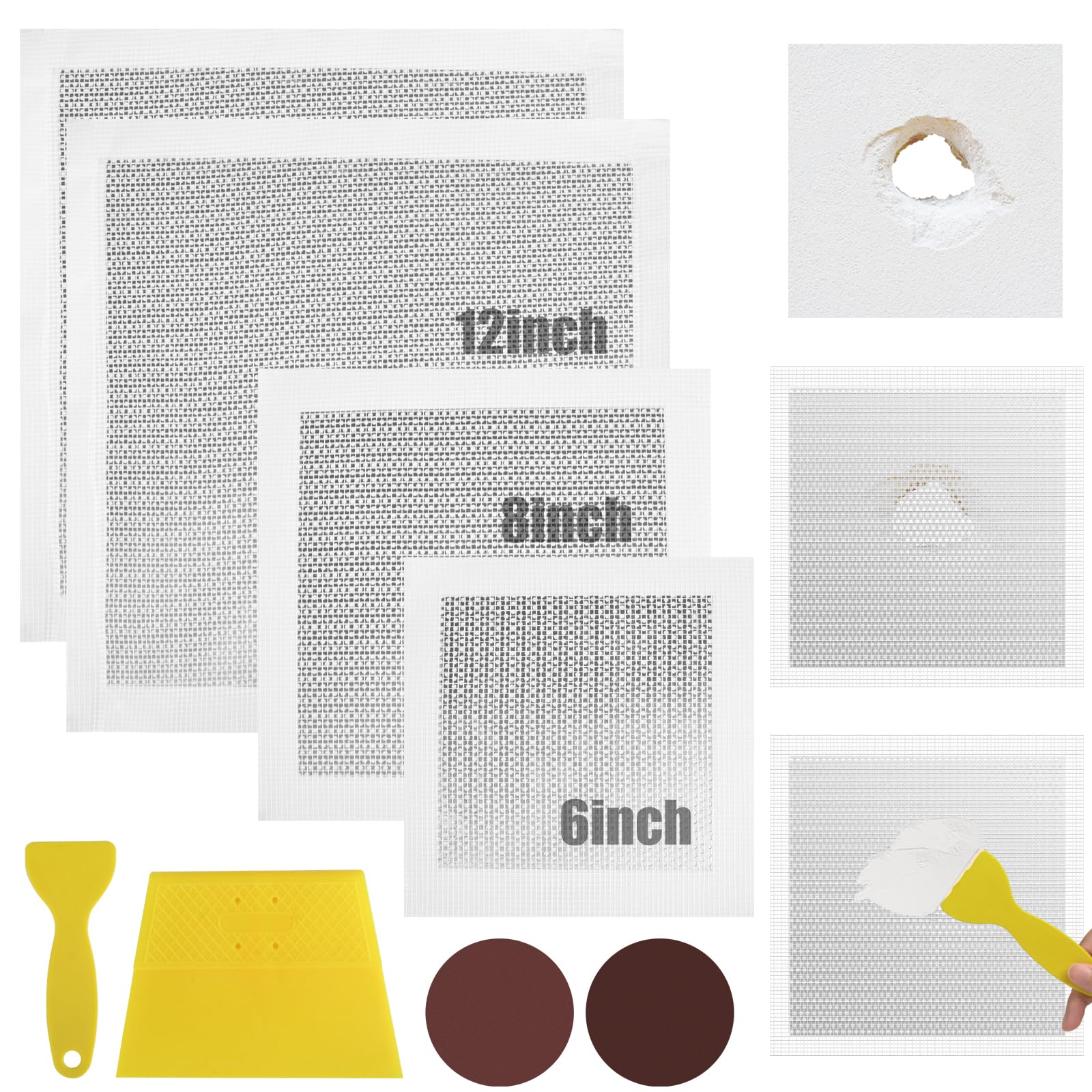 Photo 1 of succulentlovers 8Pack Drywall Repair Kit, 6/8/12/12 Inch Dry Wall Patch Kits for Large Holes with Scraper & Sandpapers,Heavy Duty Self-Adhesive Mesh Drywall Hole Sheetrock Repair Kit for Wall Ceiling