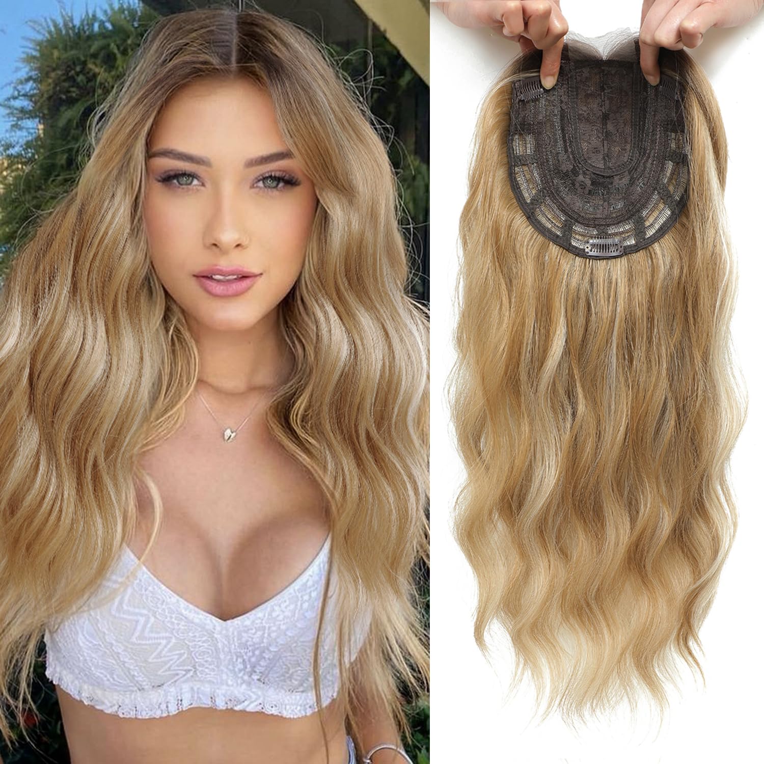 VEGALILY 20inch Hair Topper, Blonde with Dark Root Wavy Hair Topper for Women, 7x7" Base Size Hair Toppers for Thinning Hair, Handmade Natural Hairline Hair Toppers Fake Hair Pieces for Women