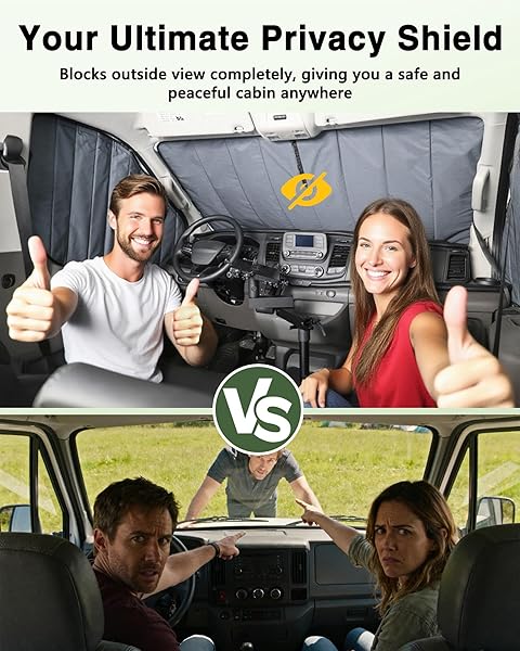 VANHOXCCI INSULATED BLACKOUT WINDSHIELD COVER FOR PRIVACY & SUN PROTECTION, ALL-SEASON VAN LIFE CAMPING WINDOW SHADE, FIT FOR FORD TRANSIT 150 250 350 MEDIUM/HIGH ROOF 2015-2025, GRAY