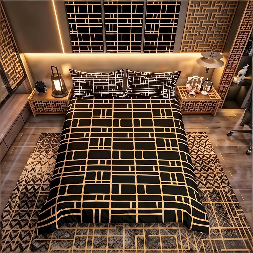 Loussiesd Grid Duvet Cover Set Single Black Gold Lattice Microfiber 2 Pcs