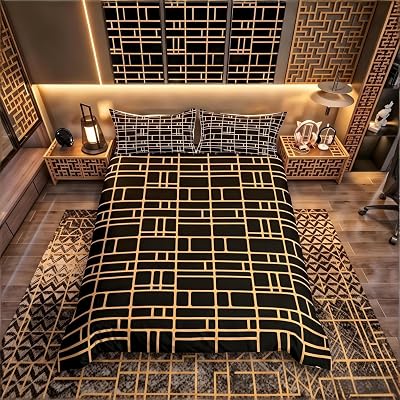 Loussiesd Grid Duvet Cover Set Single Black Gold Lattice Microfiber 2 Pcs