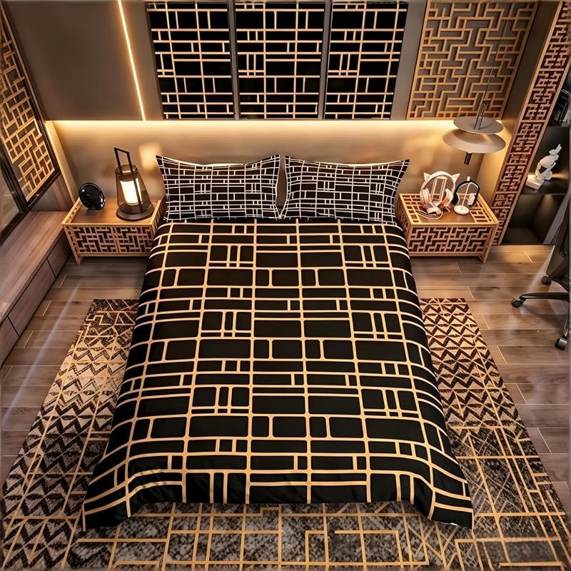 Loussiesd Grid Duvet Cover Set Single Black Gold Lattice Microfiber 2 Pcs