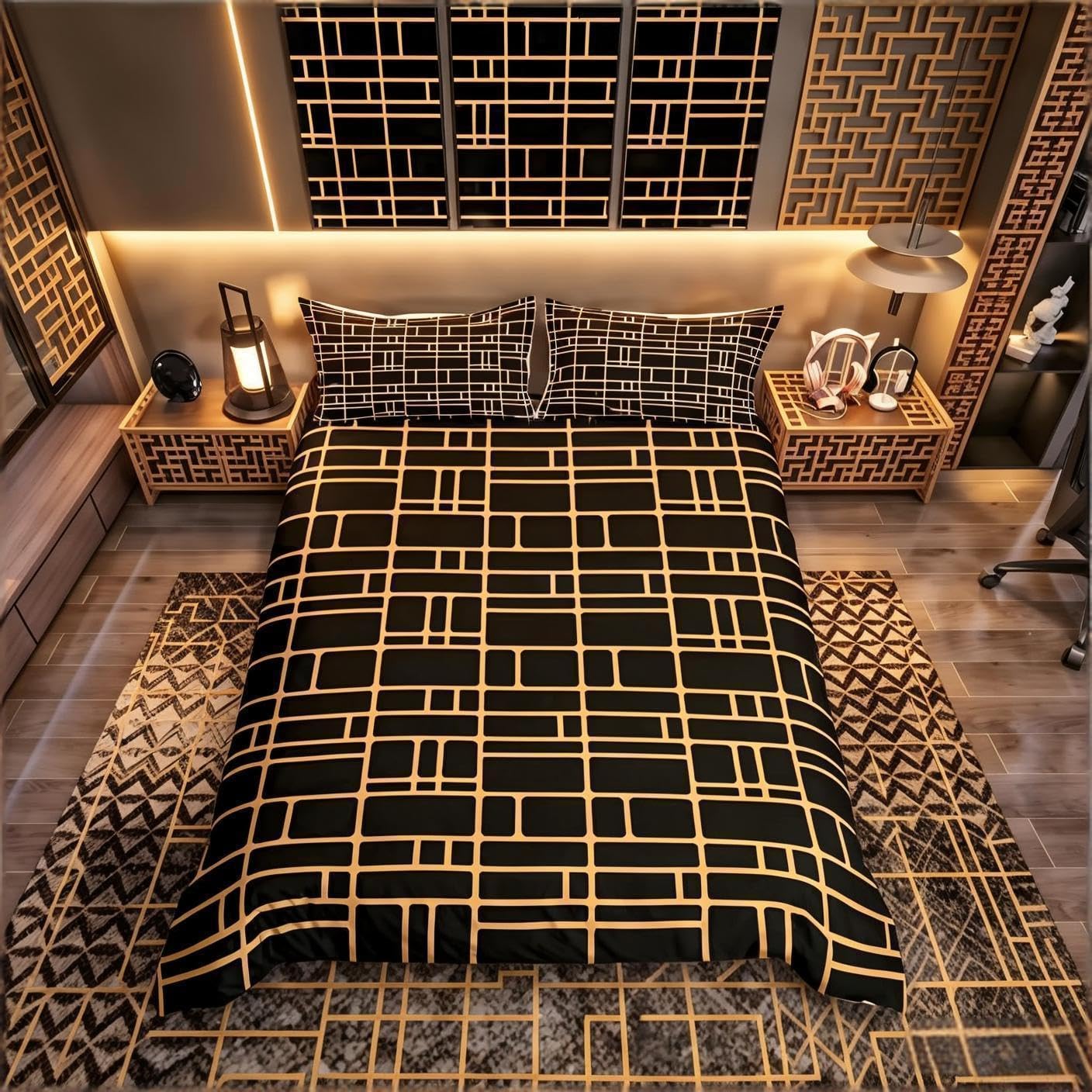 Grid Duvet Cover Set Double Sided Reversible Bedding Set Brushed Microfibre Black & Gold Lattice Comforter Cover for Boys Girls Adults Luxury Ultra Soft Microfibre (Black, Double Size) 3 Pcs — image 1