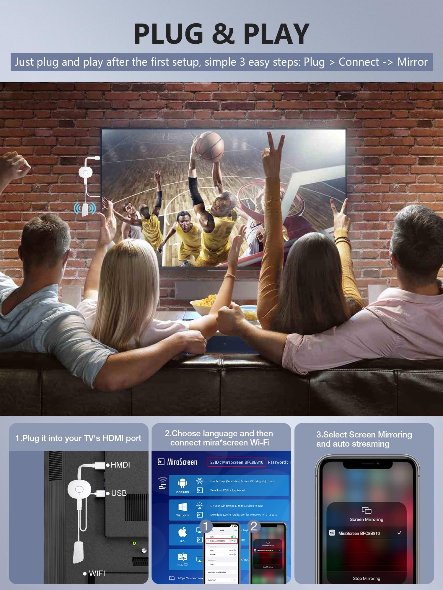 TIMBOOTECH Wireless HDMI Display Dongle, 4K Miracast Adapter Streaming YouTube Video/Audio Receiver for iPhone/iPad/iOS/Android/Mac/Laptop/PC to TV/Projector/Monitor - Miracast, DLNA, Airplay