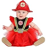 Infant Firefighter Costume Dress | Baby Fire Chief Frilly Skirt Reflective Tape Uniform Outfit, Red Black Dress & Helmet