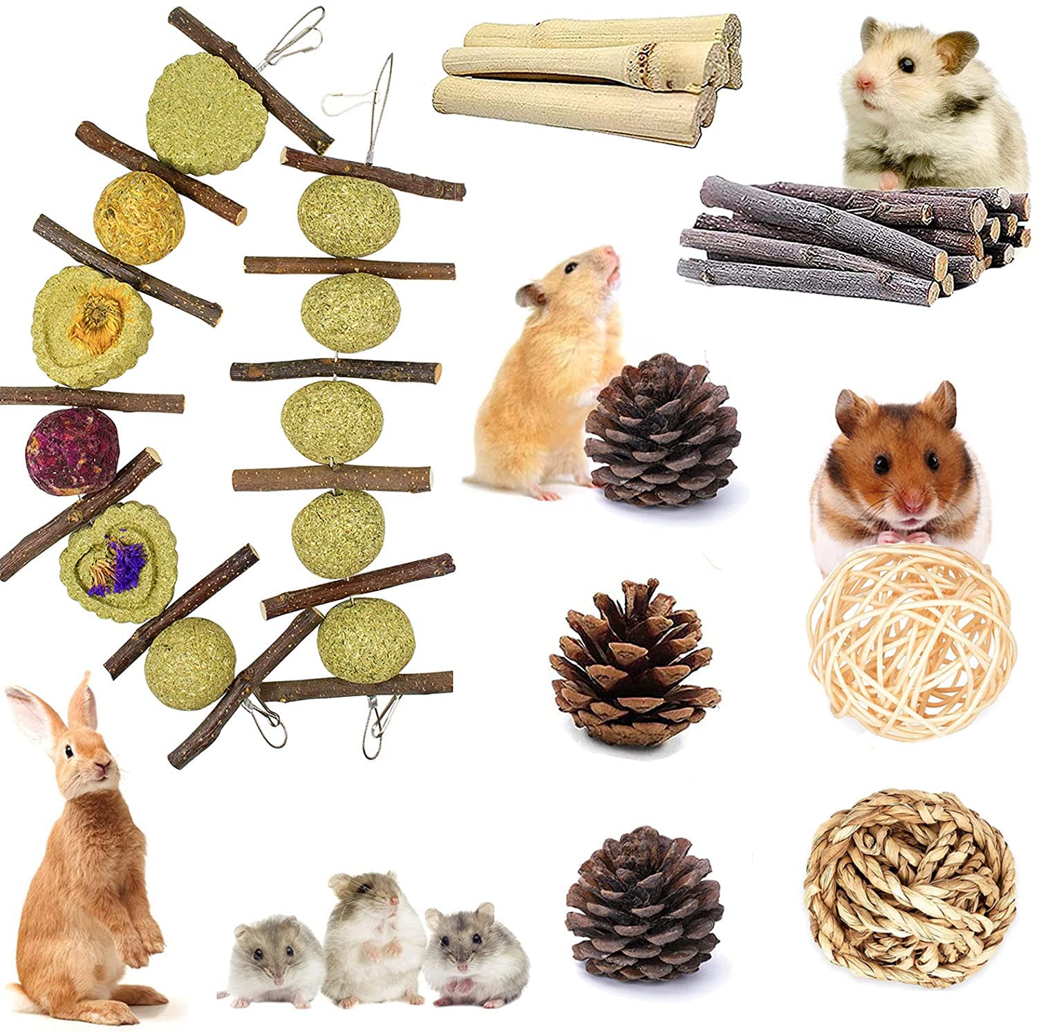 LLGLEU Bunny Chew Toys, 7Pcs Natural Rabbit Hamster Toys with Apple Wood Sticks Grass Cake & Grass Ball Molar Teeth Care for Bunny Hamster Chinchillas Guinea Pigs Gerbils Small Animals Molar Snacks