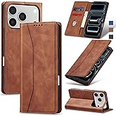 Jasonyu Flip Wallet Case for iPhone 17 Pro,Leather Magnetic Folio Cover with Card Holder,Kickstand - TPU Shockproof Durable Protective Phone Case,Brown