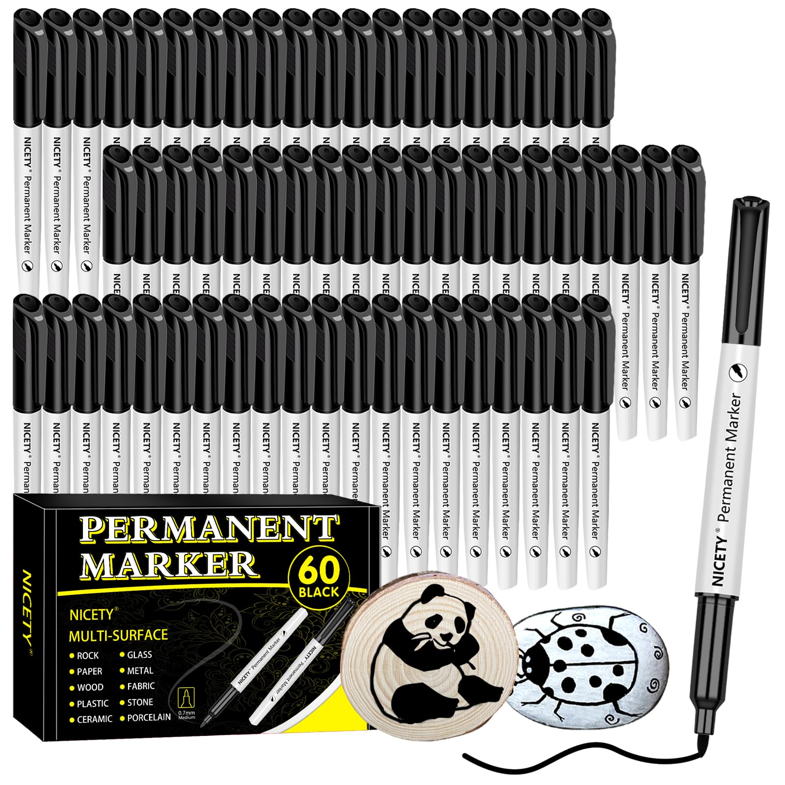 NICETY 60 Black Permanent Markers - Fine Point Permanent Marker Pens Set, Black pens For Adults, Works On Rock Paper Ceramic Wood Stone Metal Glass