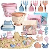 Dreamon Beach Toys Set for Kids 3-10, Collapsible Sand Buckets with Beach Molds and Mesh Bag, 3 Pack Shovels Set Sand Toys for Beach, Sandbox Travel Toys for Toddlers Kids