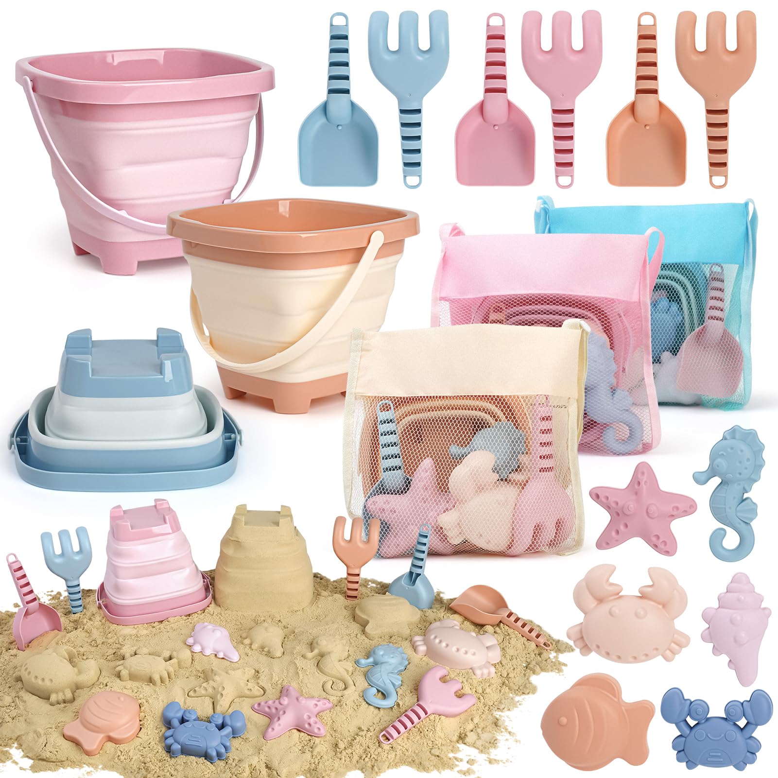 Dreamon Beach Sand Toys for Kids 18PCS Bucket and Spade Collapsible, Sand Toys for Sand Pit with Shovels and Animal Soft Sand Molds, Outdoor Toys for Children Toddles Age 1 2 3 4 5