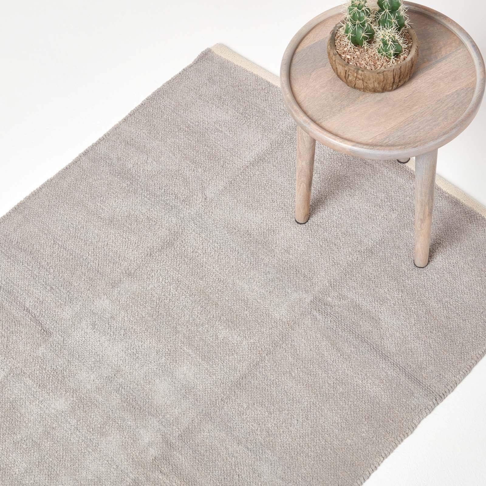 HOMESCAPES Light Grey Rug 100% Cotton Plain Modern Reversible Chenille Floor Mat with Natural Colour Trim Anti Shedding Soft Touch Washable, Small, 45 x 70 cm (18" x 28") โ image 1