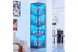 BROTTAR Corner Display Cabinet with Doors, 4-Tier Curio Cabinet for Collectibles, Display Case with 3 Color Light, Storage Cabinets with Door, Bookcase with Human Body Sensor, Black (15.7" W)
