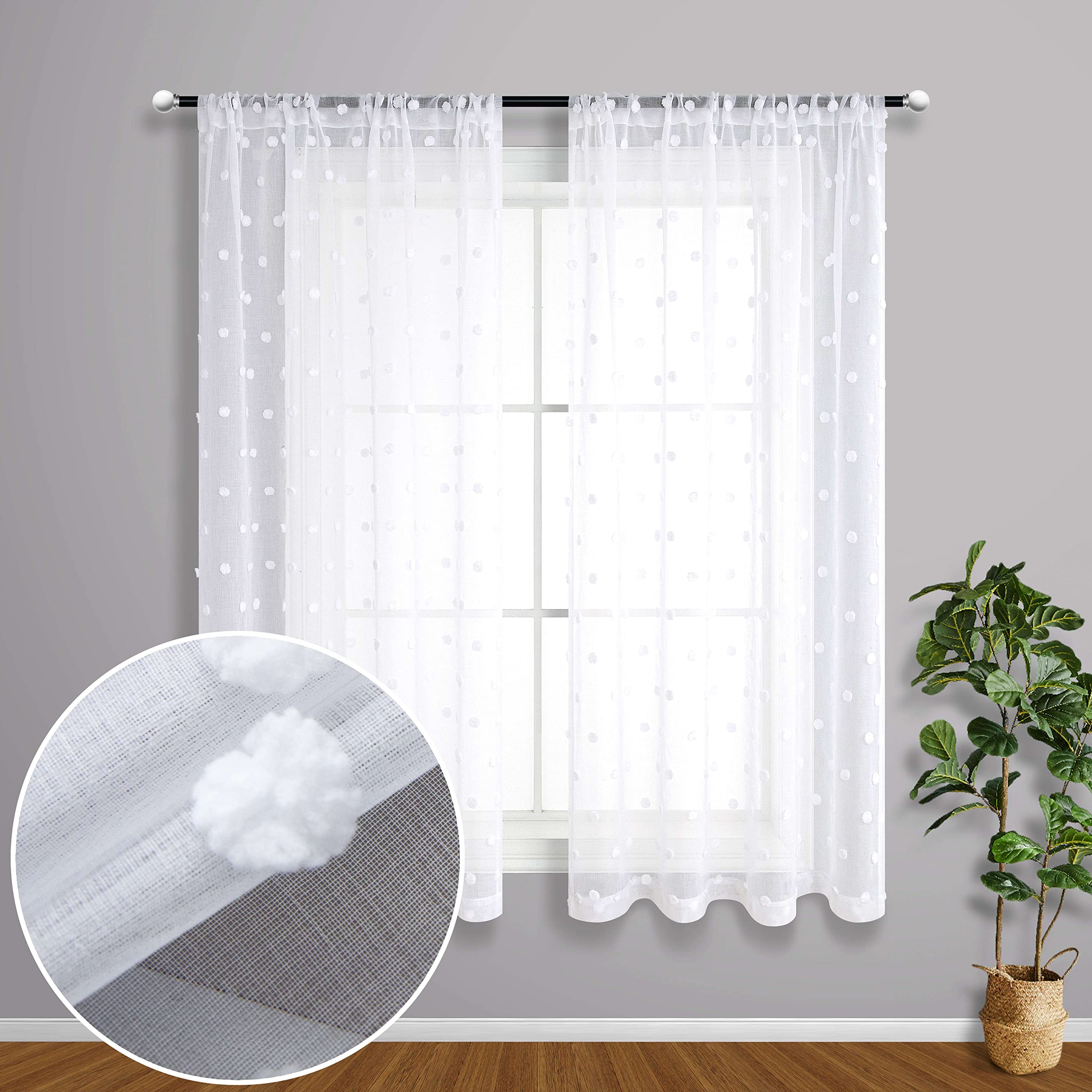 White Curtains 45 Inch Length for Bathroom Window Set 2 Panel Rod Pocket Half Semi Privavy Floral Tassel Pom Pom Eyelet Dot Short Sheer Curtains for Kitchen Girl Bedroom Kids Nursery Baby Room 45 Long
