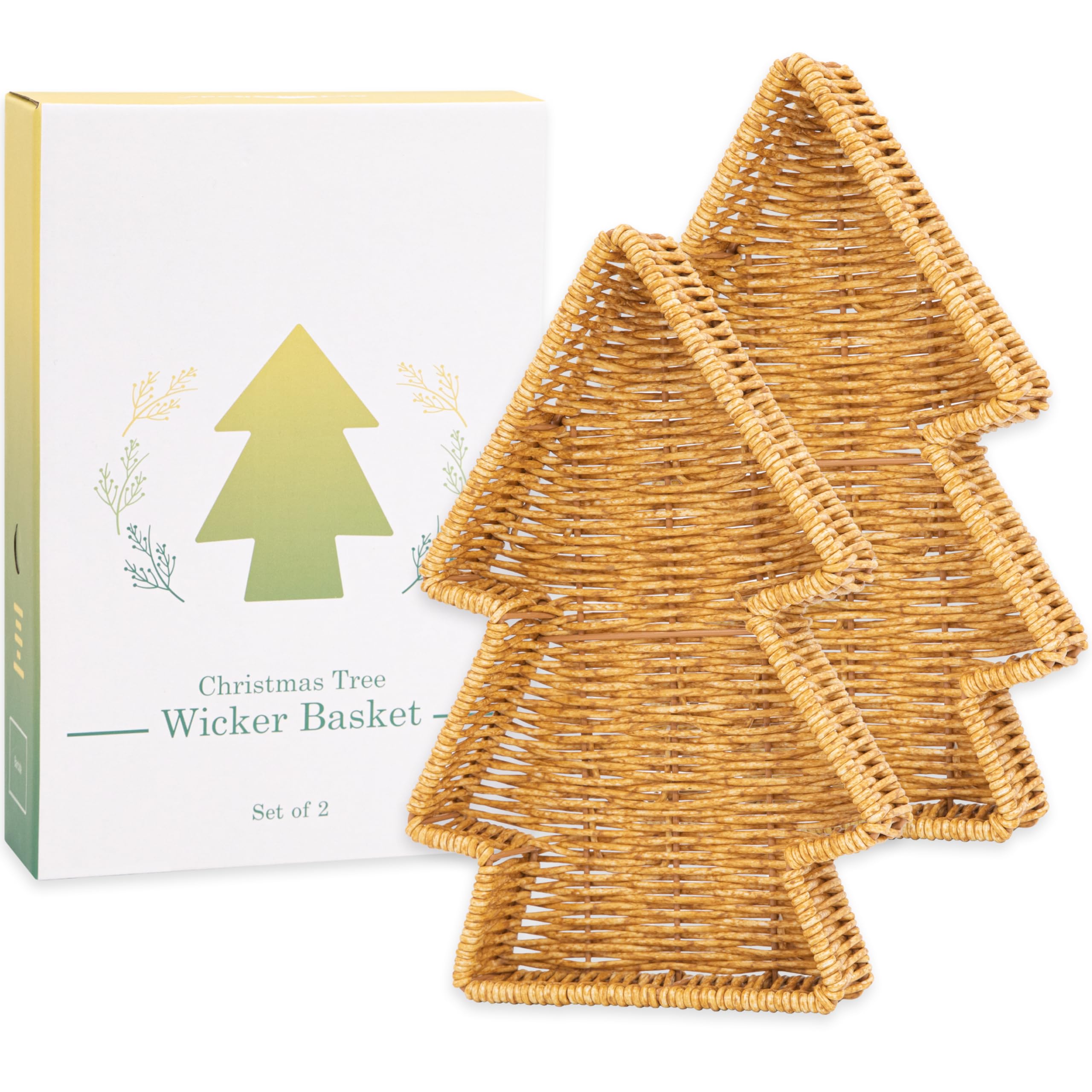 myHomeBody Christmas Tree Wicker Basket, Decorative Snack Tray, Appetizer Serving Tray and Platters, Set of 2