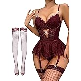 Lilosy Sexy Stocking Rhinestones Heart Garter Underwire Floral Mesh lace Sheer Babydoll Lingerie Teddy Bodysuit Skirt Set