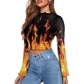 Jndtueit 70s Womens Bell Sleeve Top Floral Tops for Women Mock Neck Flare Tops Sheer Mesh Long Sleeve Top Ruffle Shirts