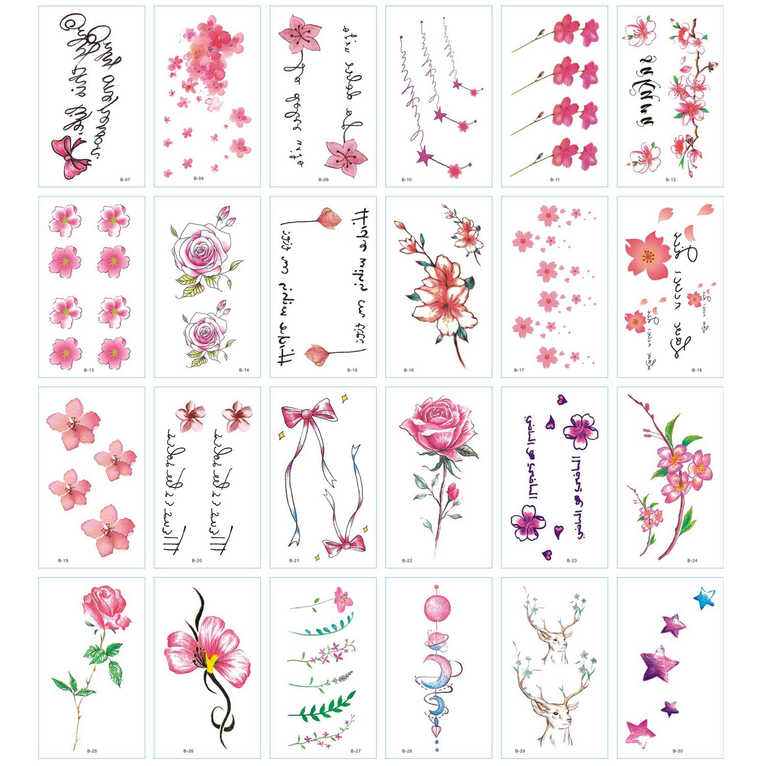 Unique Colorful 30 Pieces Temporary Tattoo Stickers For Adults Women Girls Flower Butterfly Body Art Tattoos Sheet Bride Sexy Wedding (Colorful-B)