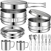 14-Piece Camping Cookware Set, 304 Stainless Steel Pots and Pans | Includes Cups, Plates, Forks, Knives And Spoons For Camping, Backpacking, Outdoor Cooking, Hiking And Picnics
