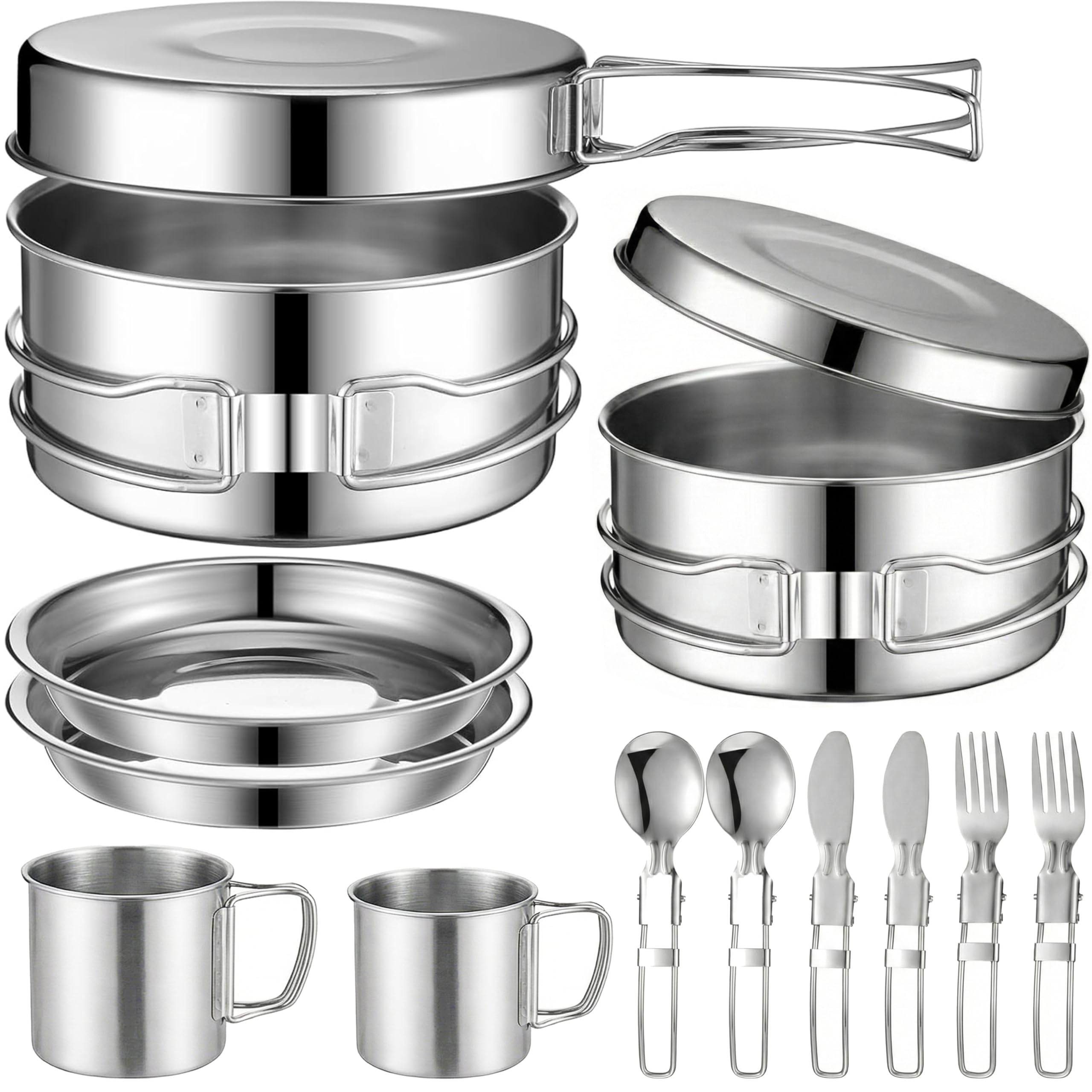 Photo 1 of 14-Piece Camping Cookware Set, 304 Stainless Steel Pots and Pans with 2 Sets of Cups, Plates, Forks, Knives, and Spoons for Camping, Backpacking, Outdoor Cooking, and Picnic
