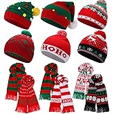 Liitrsh 12 Pcs Christmas Knitted Beanies and Scarf Set Xmas Santa Hat with Pom Warm Skull Cap for Adult Teens Holiday Gift