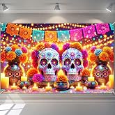 BlissYard Day of the Dead Banner Skull Floral Photo Decorations 71 x 43 | Dia de los Muertos Banner Sugar Skull Mexican Backdrop for Home Party Photo Booth Floral Marigold