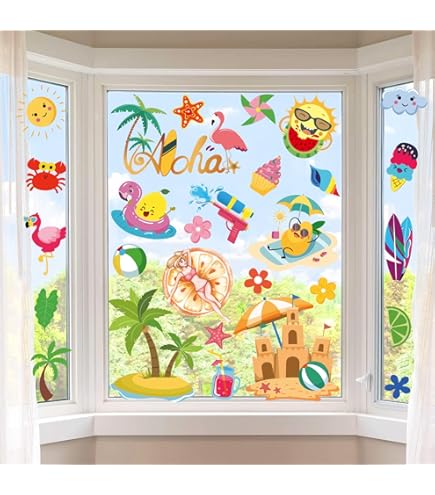 Summer Window Clings Stickers - 134 Pcs Sun Ice Cream Beach Decorations