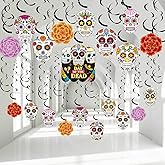 30 pcs Day of The Dead Foil Swirls Decorations Halloween Sugar Skull Flowers Ceiling Hanging Swirls Dia de Los Muertos Party Favors Supplies for Halloween Birthday Skull Mexican Party (Classic Style)