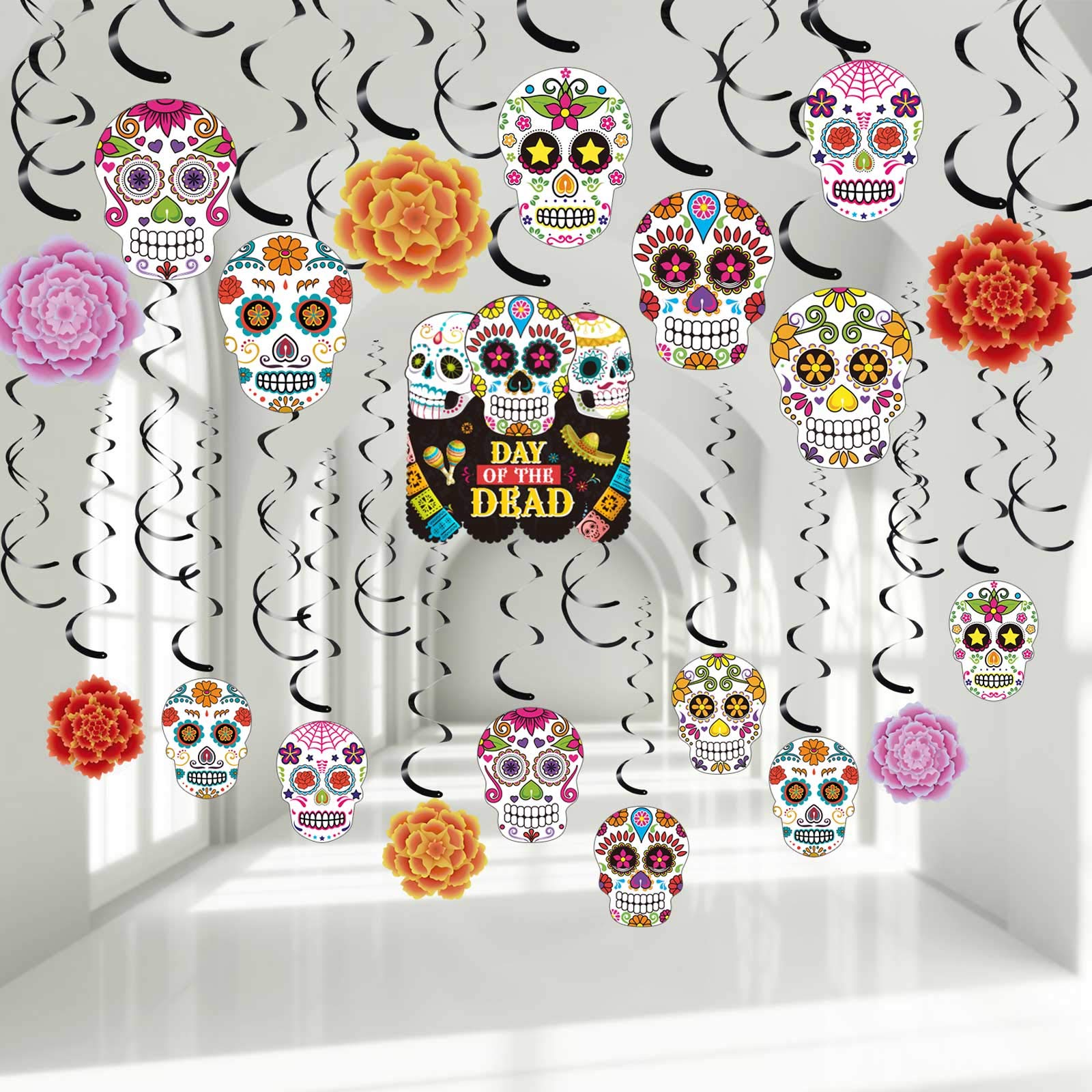 Photo 1 of 30 pcs Day of The Dead Foil Swirls Decorations Halloween Sugar Skull Flowers Ceiling Hanging Swirls Dia de Los Muertos Party Favors Supplies for Halloween Birthday Skull Mexican Party (Classic Style)