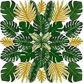 PietyPet Tropical Party Decorations, 50 Pieces 7 Kinds Artificial Palm Leaves Green and Gold Tropical Monstera Leaves with Stems for Hawaiian Luau Party Jungle Beach Table Leave Decorations