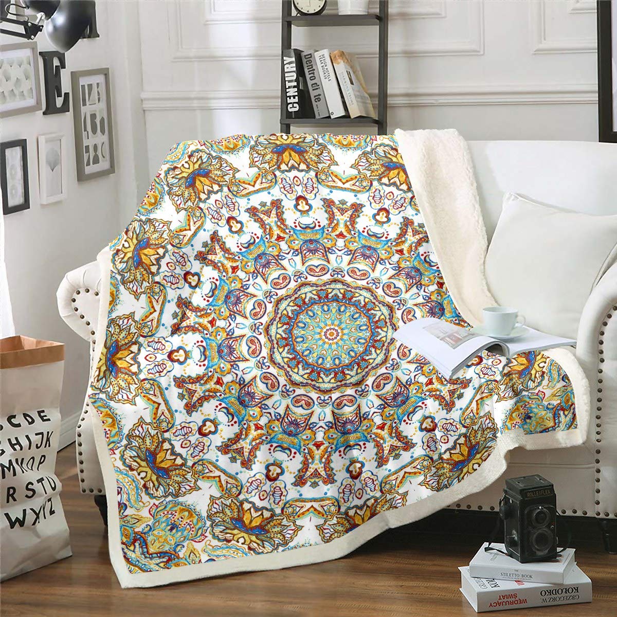 Boho Mandala Plush Blanket Bohemian Style Throw Blanket Chic Mandala Printed Fleece Sherpa Blanket for Chair Sofa Couch Women Luxury Exotic Floral Room Decor Double 60"x79" Reversible