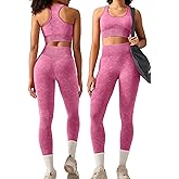 OLCHEE Womens Workout Sets 2 Piece - Acid Wash Seamless Yoga Outfits High Waist Leggings Padded Racerback Sports Bra Gym Set