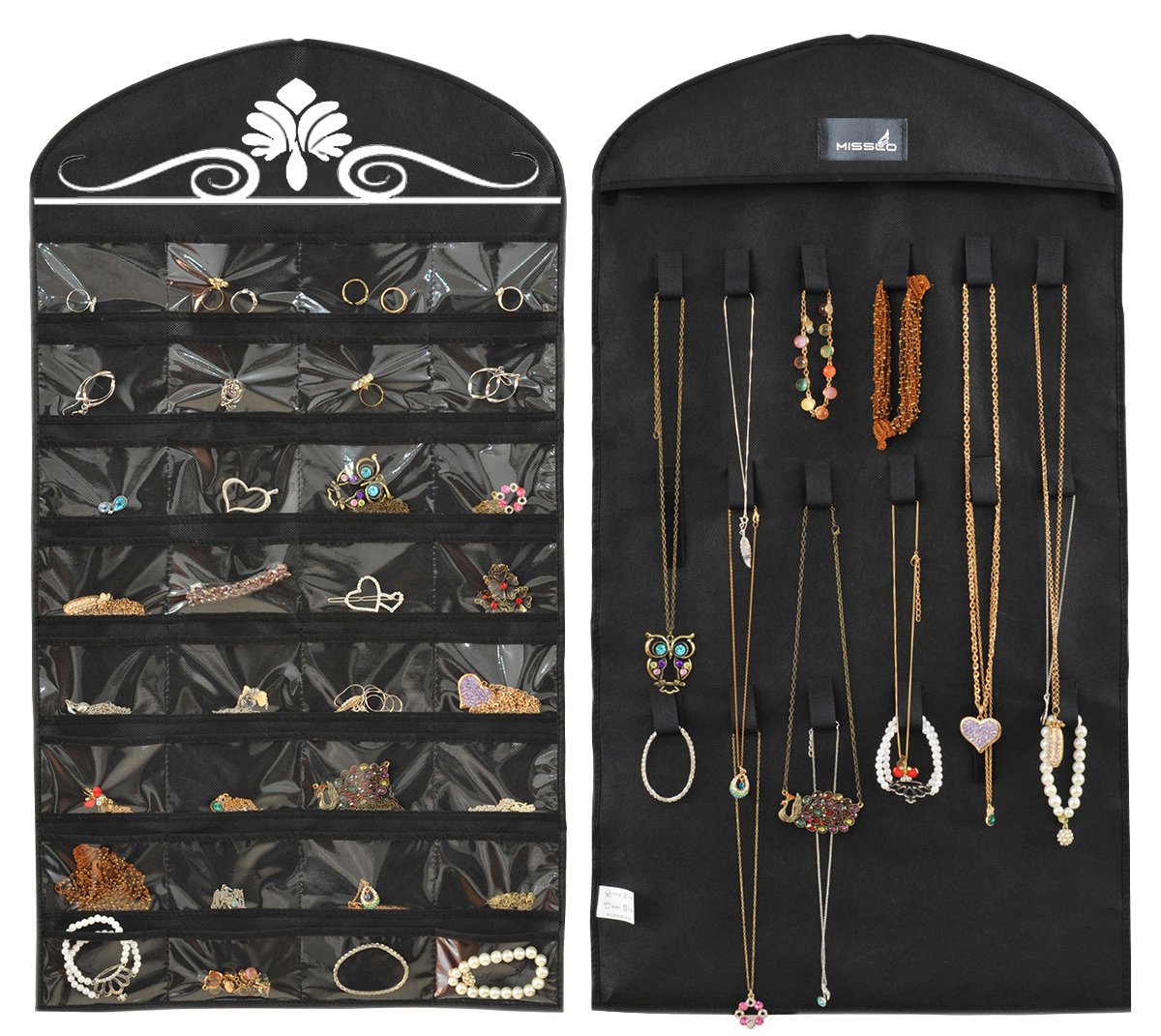 MISSLO Hanging Jewellery Organiser Wardrobe Necklaces Earrings bracelets Accessories Storage Jewelry Holder 32 Pockets 18 Loops, Black