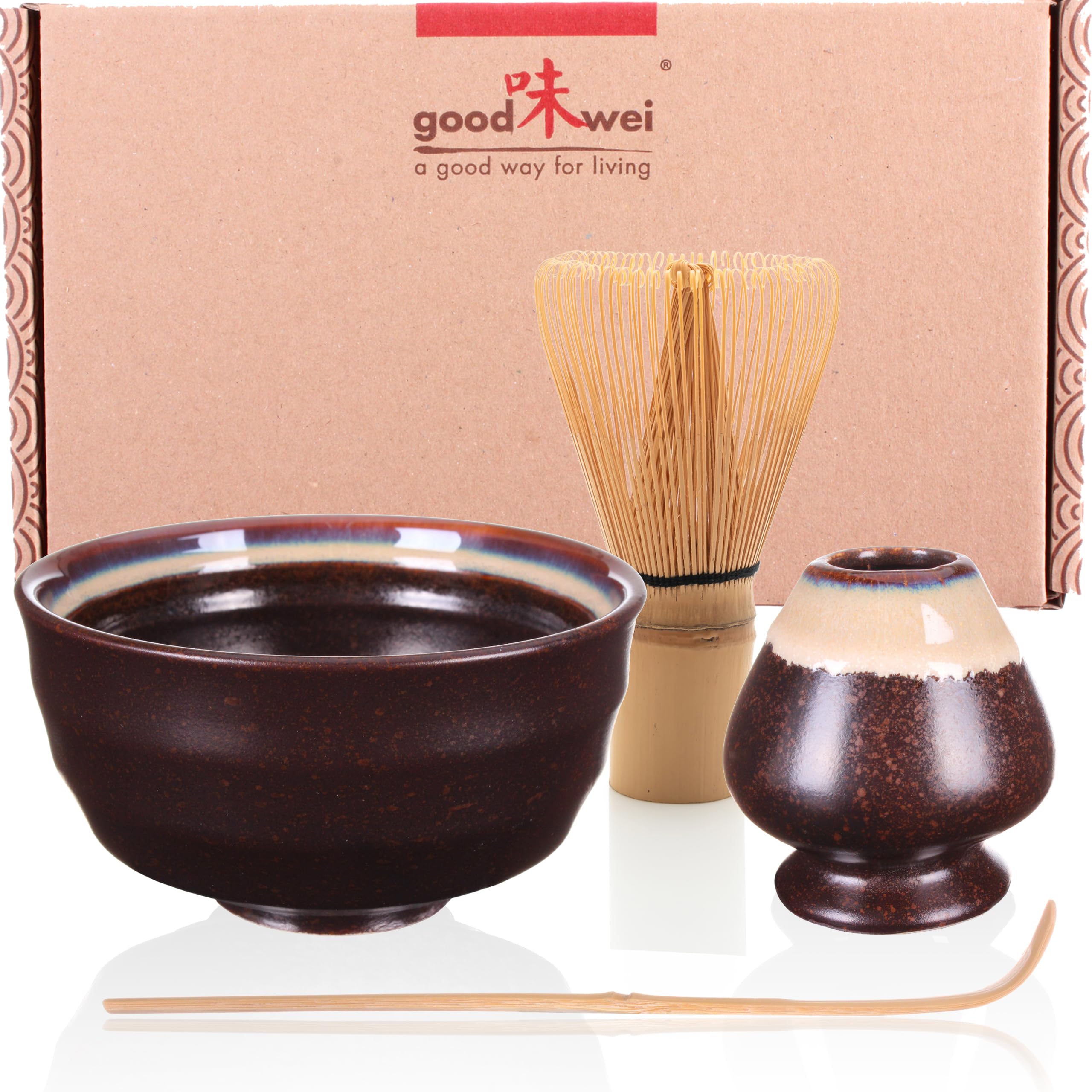 Goodwei Matcha Set with Ceramic Matcha Bowl (6 fl.oz) and Whisk Holder | Bamboo Whisk and Spoon| Matcha Gift Set Box (Kumo)