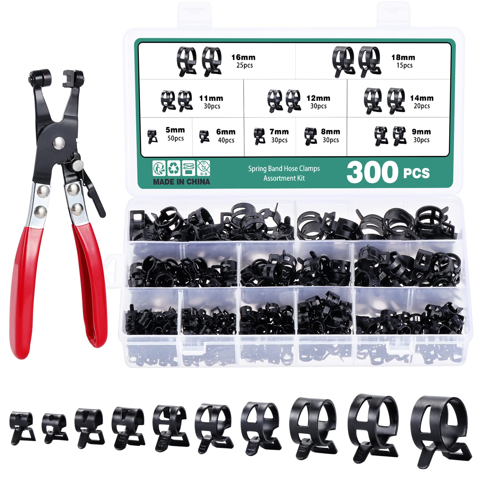 Faankiton 300PCS 10 Sizes 5-18mm Fuel Line Hose Clips Water Pipe Air Tube Silicone Vacuum Hose Clamp Fastener Assortment Kit, Fuel Line Clamps, Spring Hose Clamps with a Hose Clamp Pliers (Black)