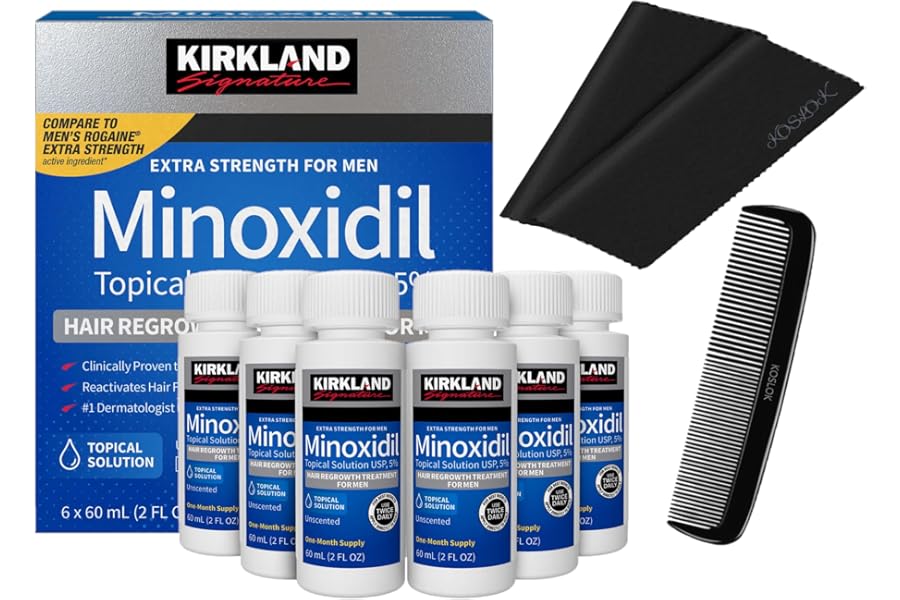 Kirkland Minoxidil 5% for Men, Topical Solution Extra Strength Hair Regrowth Treatment, 6 Months Supply, Total 12 Fl Oz, Dropper Applicator, Exclusive 2 MicroFiber Cleaning Cloths and Comb Included