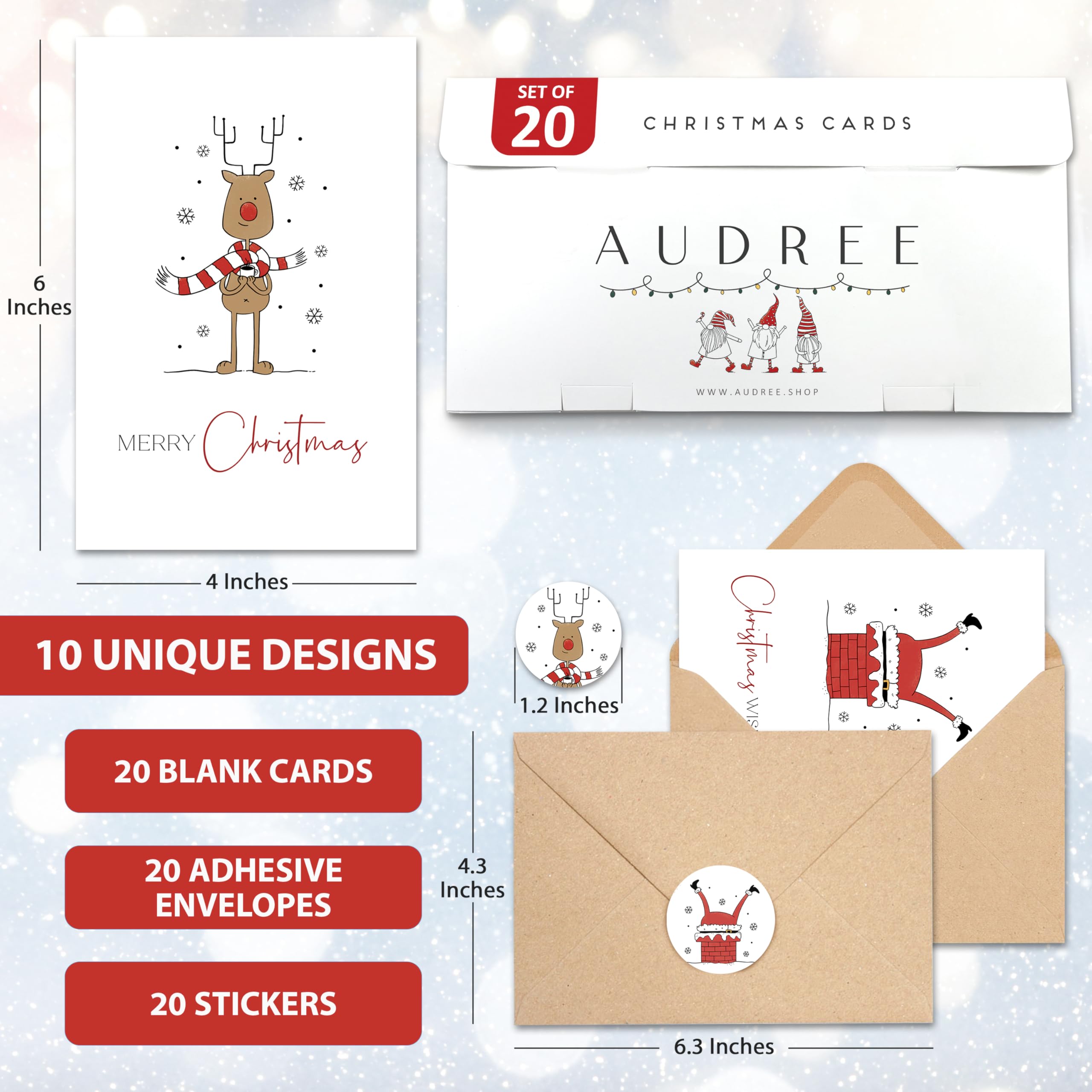 AUDREE Christmas Cards With Envelopes & Matching Stickers (20 Pack 4