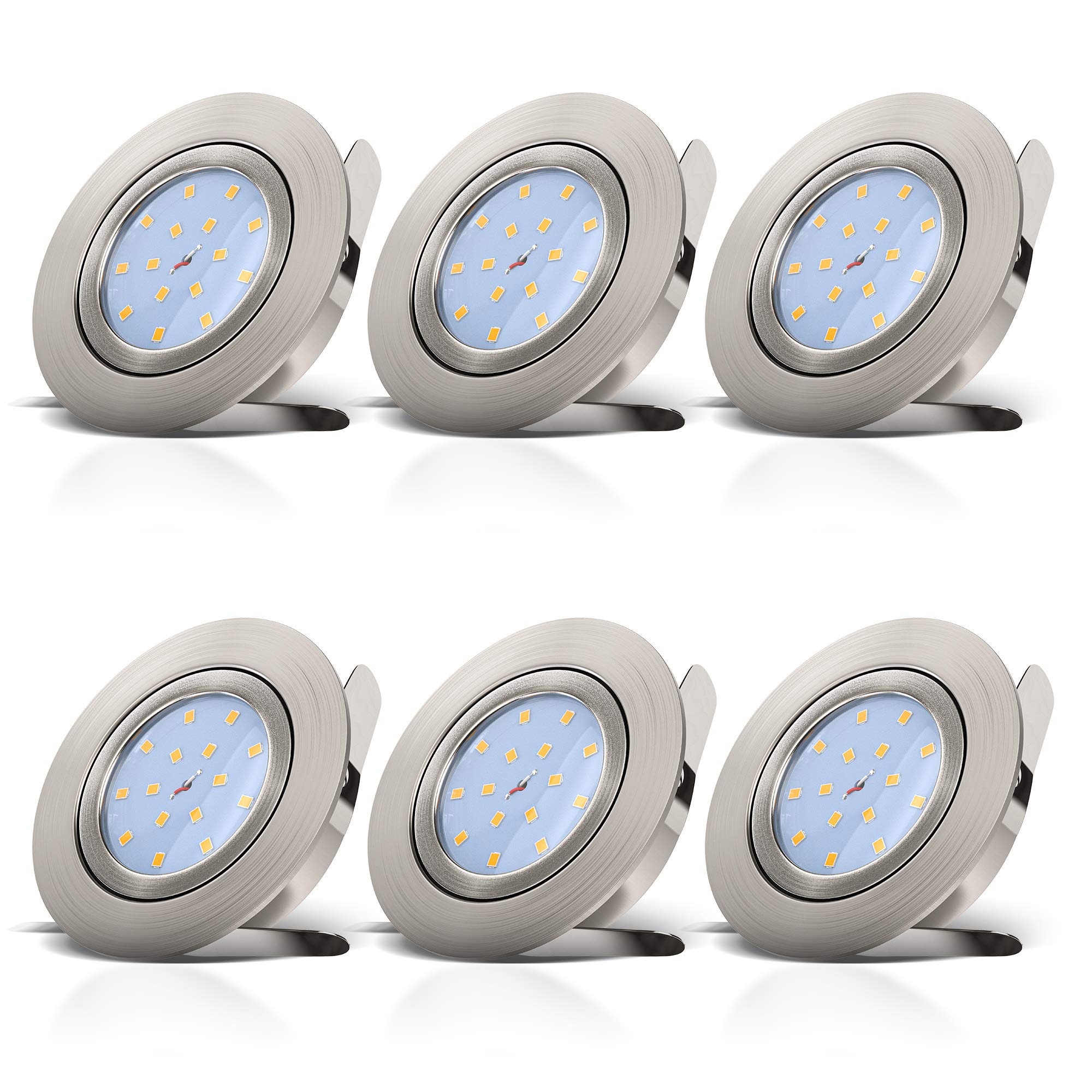 Set of 6 LED Downlights, LED recessed ceiling light, dimmable spotlight, no driver required, swiveling, rotatable, extra flat, round, warm white, nickel design, built-in 5,5W LED boards, IP23