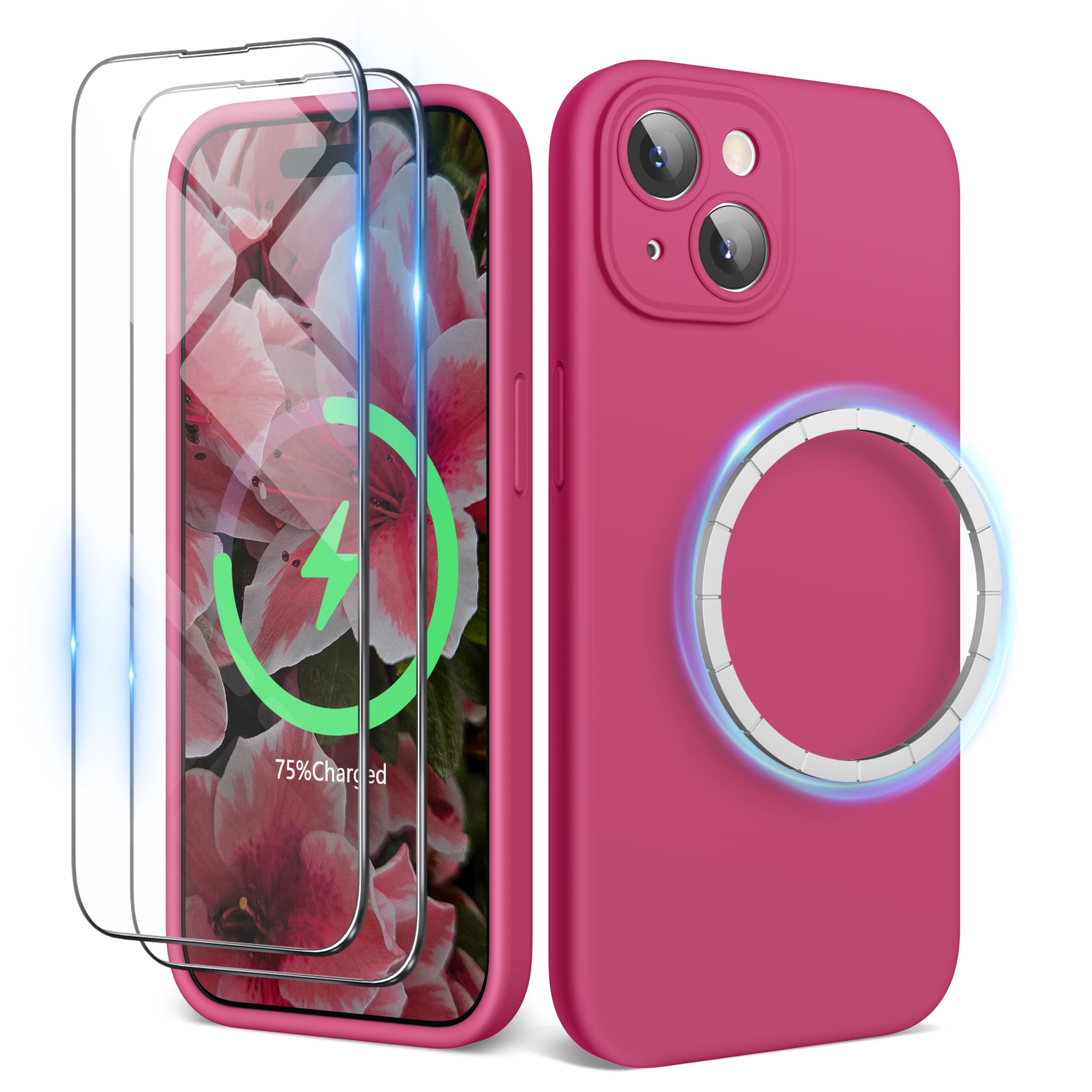 SURPHY Magnetic Case for iPhone 15 Plus Case with Screen Protector, Liquid Silicone Anti-Scratch Compatible with MagSafe Gel Rubber Phone Case for iPhone 15 Plus 6.7 inch, Hibiscus