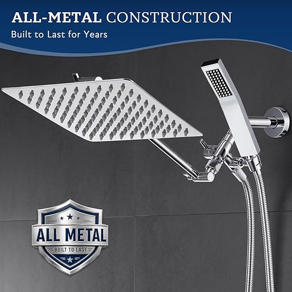 G-PROMISE ALL METAL 10″ DUAL SQUARE SHOWER HEAD COMBO | RAIN SHOWER HEAD | HANDHELD SHOWER WAND | ADJUSTABLE | SMOOTH 3-WAY DIVERTER | 71″ EXTRA LONG HOSE – A BATHROOM UPGRADE (CHROME)