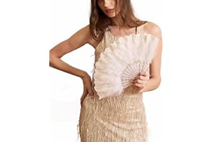 Happy Feather Embroidered Flower Marabou Feather Fan, 1920s Vintage Style Flapper Hand Fan for Costume Party Dancing-White