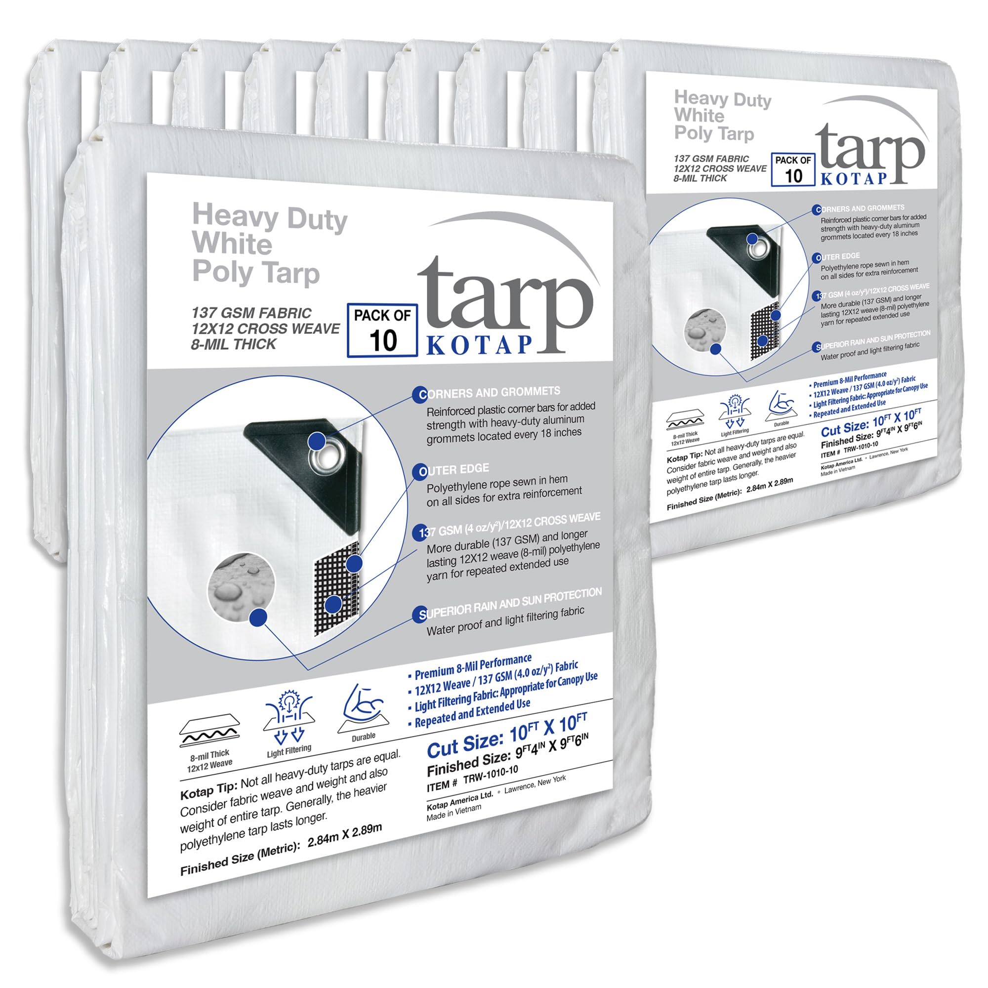 Kotap 10 x 10 Ft. Heavy-Duty Protection/Coverage Tarp, Superior Weave for Greater Longevity 8-mil, Multi-Use, Waterproof, White, 10-Pack (TRW-1010) Image