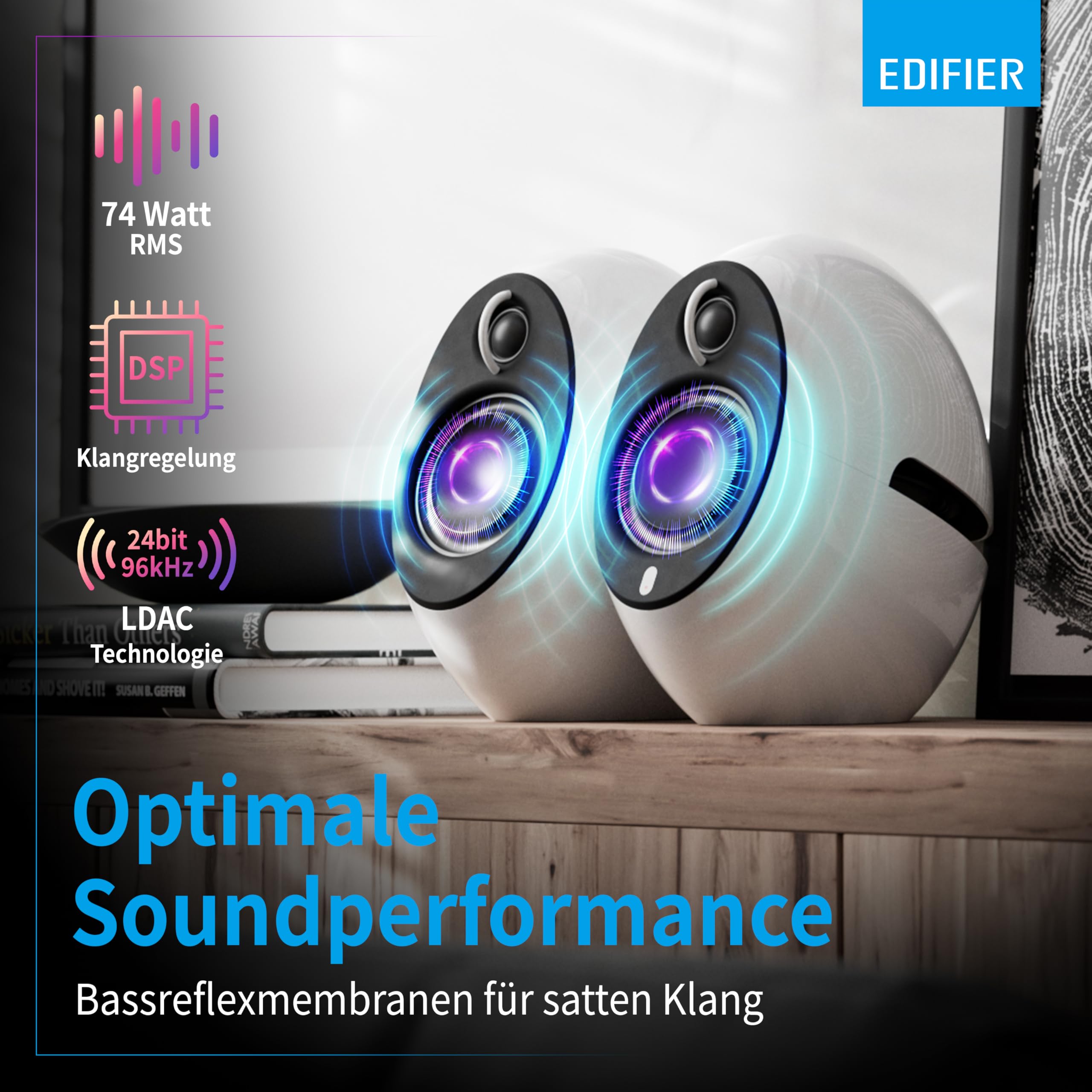 Edifier E25HD Bluetooth Lautsprecher-Set – 74Watt – Hervorragende Soundqualität mit Bassreflexmembran – LDAC-Technologie – Bluetooth 5.3 – Elegantes Design – Optische + Aux-Anschlüsse – Weiß 6