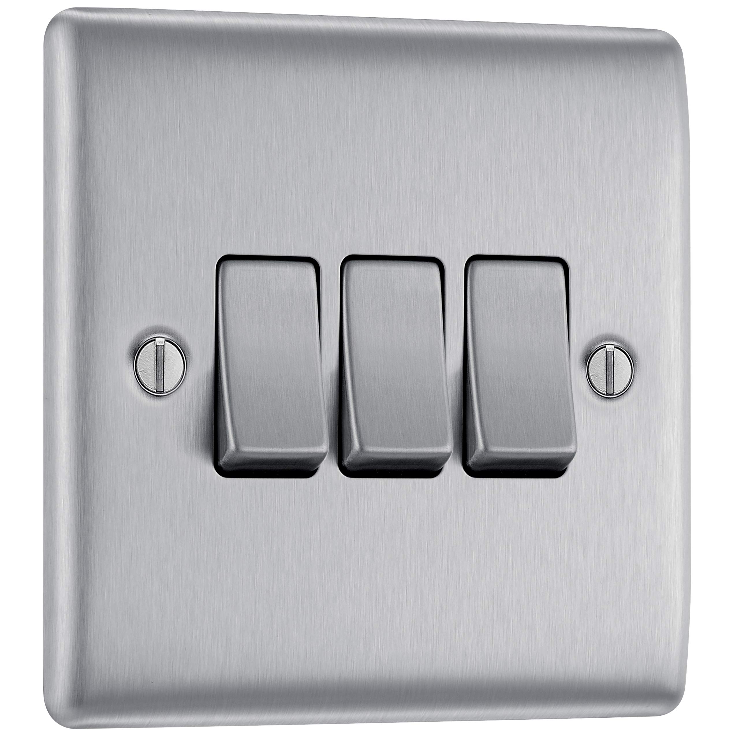 BG Electrical Triple Wall Light Switch, 2 Way, Raised and Slim Profile, Round Edges, Nexus Metal, Brushed Steel, 20A, 16AX, NBS43