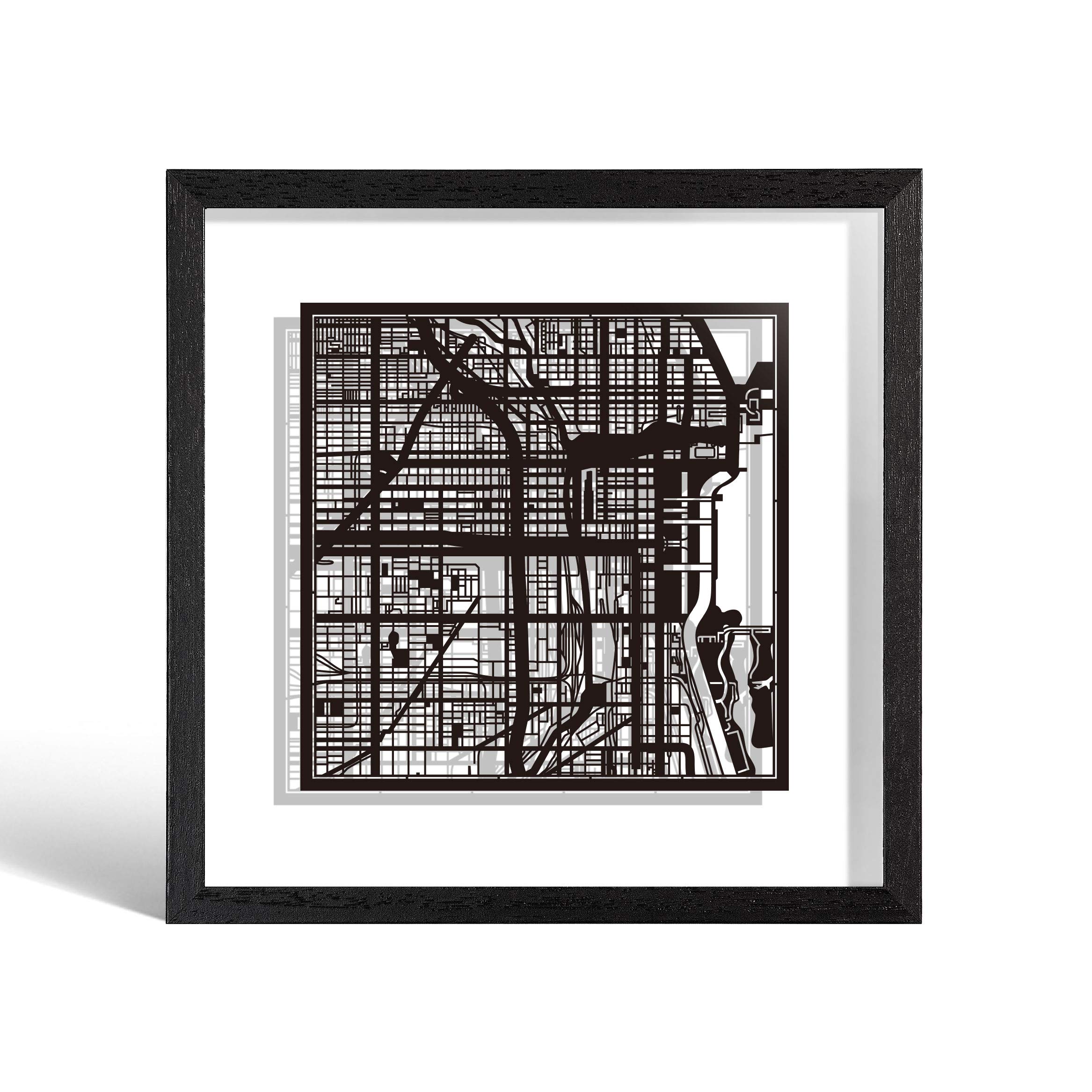 O3 DESIGN STUDIO Chicago Paper Cut Map framed, Black map, Black frame, 9x9 inches, Gift Boxed, 2 background color, self-changing, Paper Art