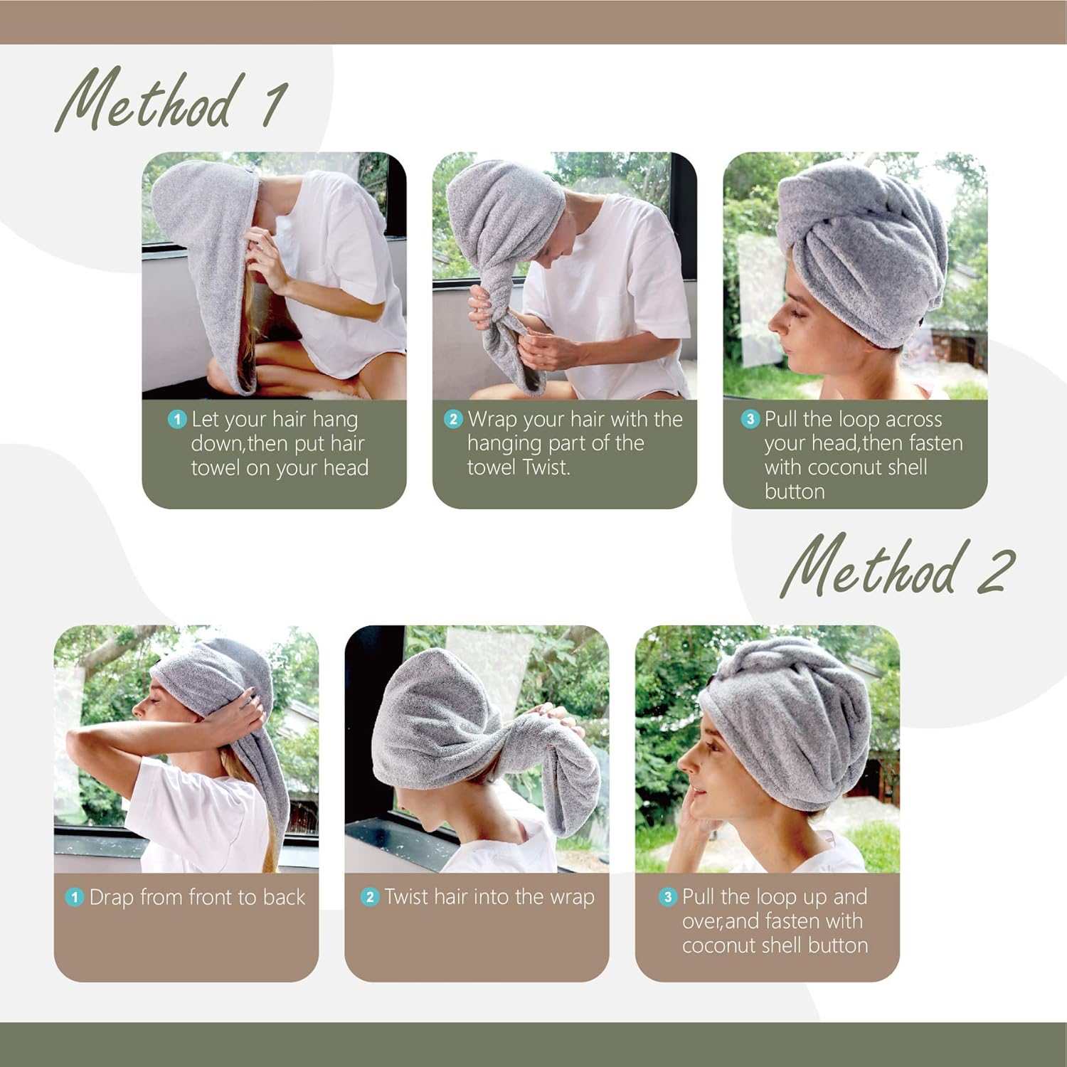 myHomeBody Ultra-Soft, Fast Drying Hair Towel Wrap with Elastic for Snug Fit, Natural Bamboo Fiber Hair Drying Scrunchie with 2 Coconut Shell Buttons : Beauty