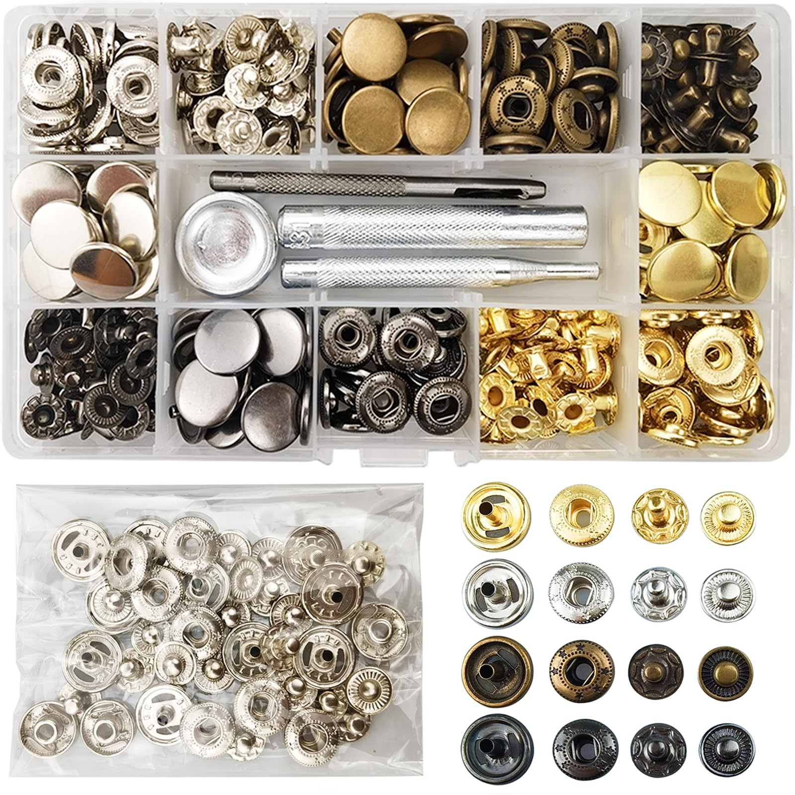 TmppDeco 90 Sets 15mm Brass Snap Fastener Kit with 4 Setting Tools, 4-Color Press Studs No Sewing Snap Buttons for Sewing, Clothes, Jackets, Leather, Jeans Wears, Bracelets, Bags