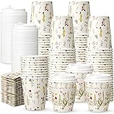 AmazingSpark 100 Sets 8oz Floral Disposable Coffee Cups with Lids and Sleeves Wildflower Paper Hot Coffee Cups for Spring Party Wedding Reception Baby Shower Bride's Birthday Party (Wildflower)