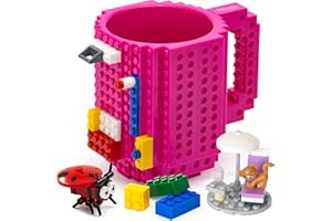 TOYAMBA Build-on Brick Mug BPA-Free Funny Coffee Mug with 3 Building Bricks, Funny Cup for Kids - Creative Building Block DIY Idea 16OZ (Magenta)